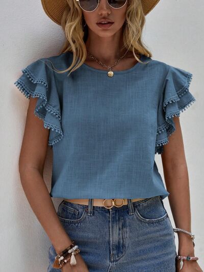 Blue Zone Planet | Ruffled Cap Sleeve Round Neck Blouse BLUE ZONE PLANET
