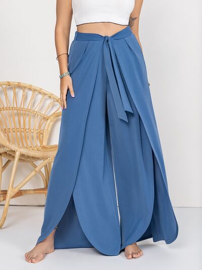 Blue Zone Planet | Plus Size Tied Slit Wide Leg Pants BLUE ZONE PLANET