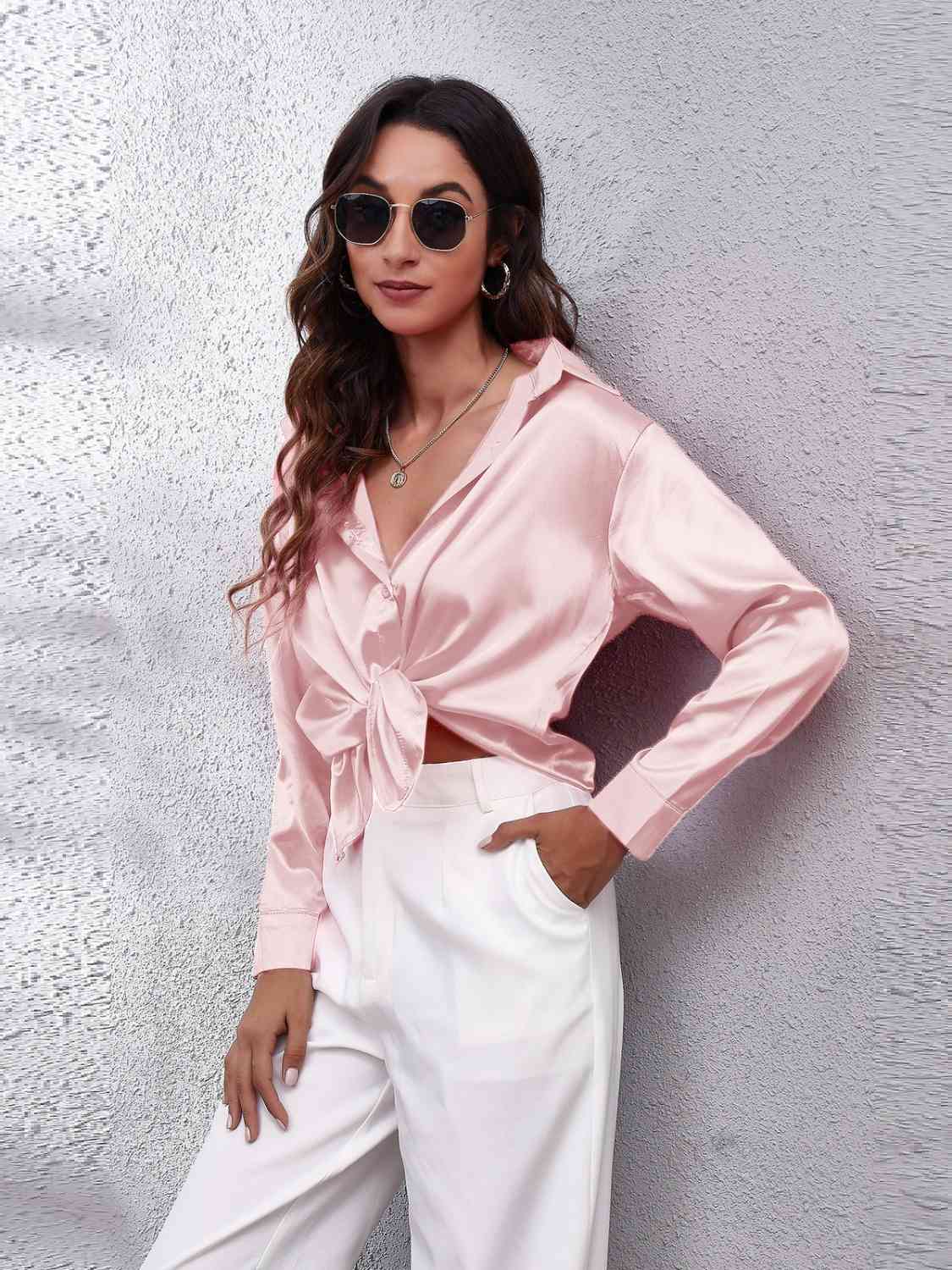 Collared Neck Buttoned Long Sleeve Shirt BLUE ZONE PLANET