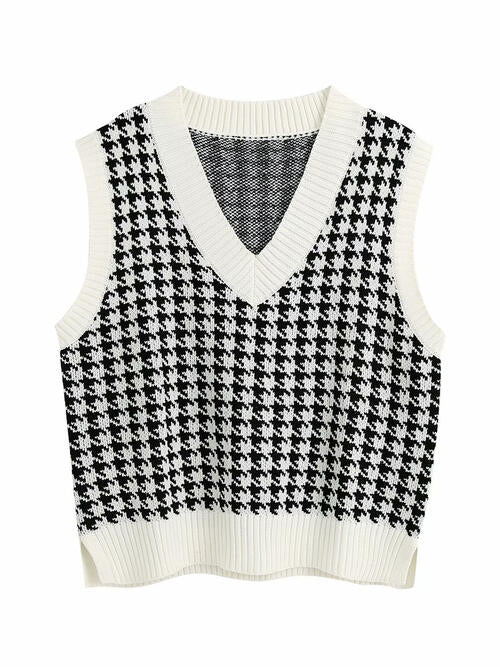 Houndstooth V-Neck Sweater Vet BLUE ZONE PLANET