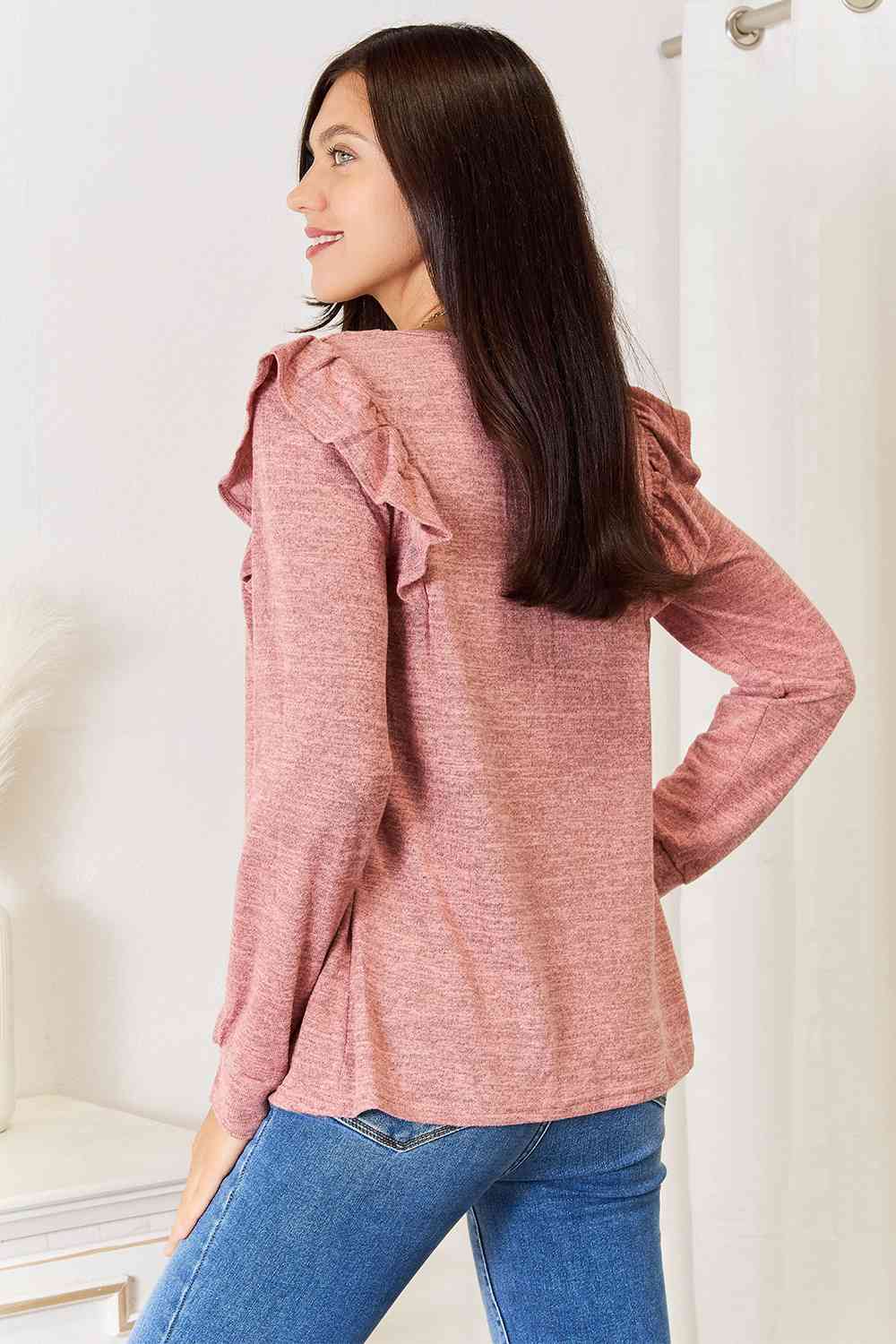 Double Take Square Neck Ruffle Shoulder Long Sleeve T-Shirt BLUE ZONE PLANET