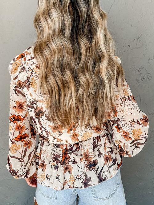 Drawstring Floral Lantern Sleeve Blouse BLUE ZONE PLANET
