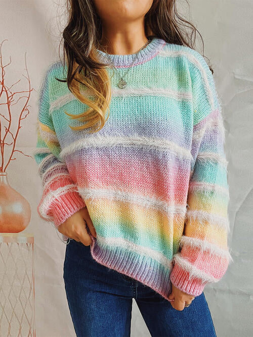 Blue Zone Planet | Striped Round Neck Long Sleeve Sweater BLUE ZONE PLANET