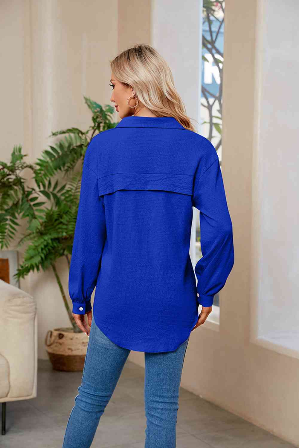 Collared Neck Buttoned Long Sleeve Shirt BLUE ZONE PLANET