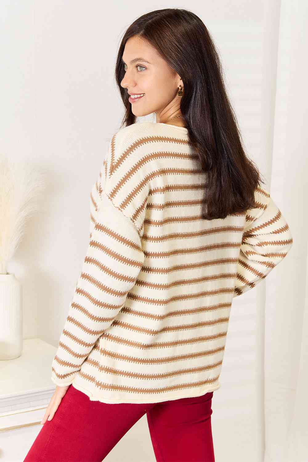 Double Take Striped Boat Neck Sweater BLUE ZONE PLANET