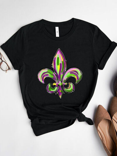 Mardi Gras Graphic Round Neck Short Sleeve T-Shirt BLUE ZONE PLANET