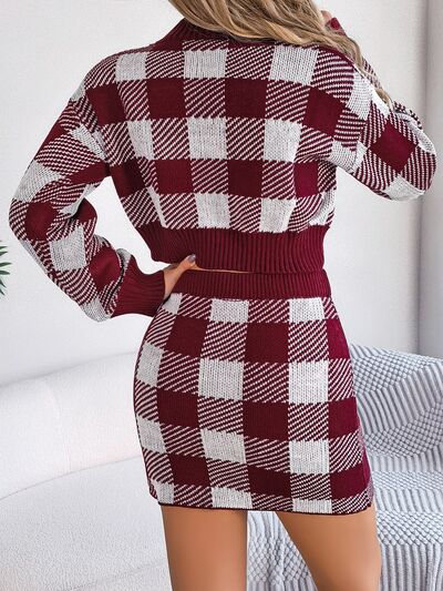 Blue Zone Planet | Plaid Round Neck Top and Skirt Sweater Set BLUE ZONE PLANET