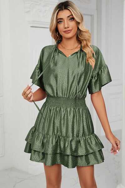Smocked Tie Neck Flounce Sleeve Dress BLUE ZONE PLANET