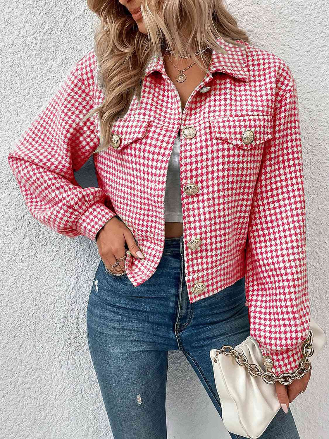 Houndstooth Collared Neck Button Up Jacket BLUE ZONE PLANET