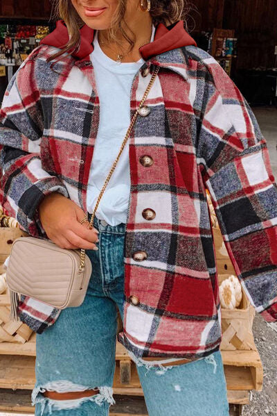 Blue Zone Planet | Plus Size Plaid Button Up Hooded Jacket BLUE ZONE PLANET