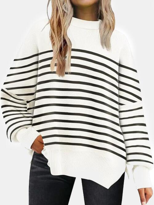 Round Neck Drop Shoulder Slit Sweater BLUE ZONE PLANET