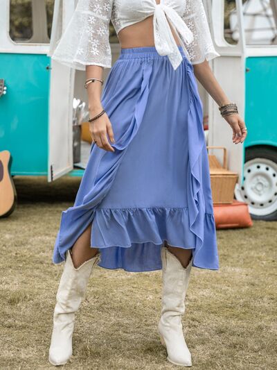 Blue Zone Planet | High Waist Ruffle Trim Skirt BLUE ZONE PLANET