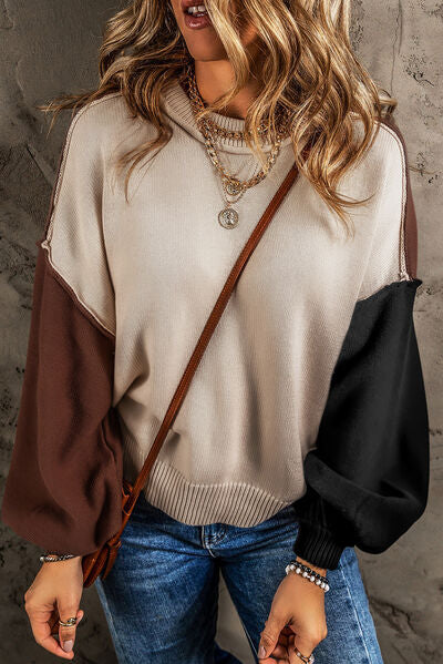 Blue Zone Planet | Contrast Round Neck Dropped Shoulder Sweater BLUE ZONE PLANET