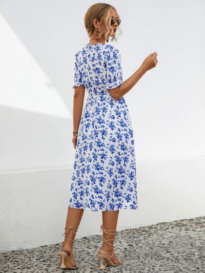 Blue Zone Planet |  Slit Printed V-Neck Short Sleeve Dress BLUE ZONE PLANET