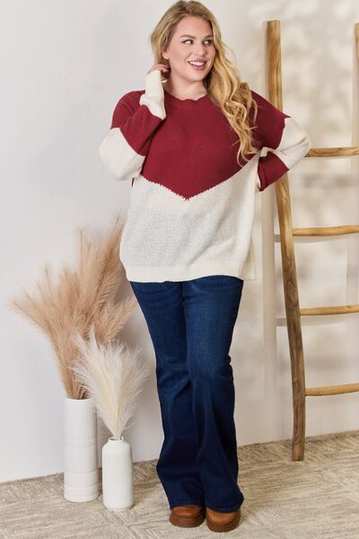Hailey & Co Full Size Color Block Dropped Shoulder Knit Top Trendsi