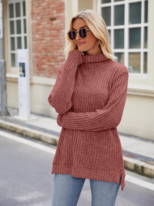 Ribbed Turtleneck Long Sleeve Slit Knit Top BLUE ZONE PLANET