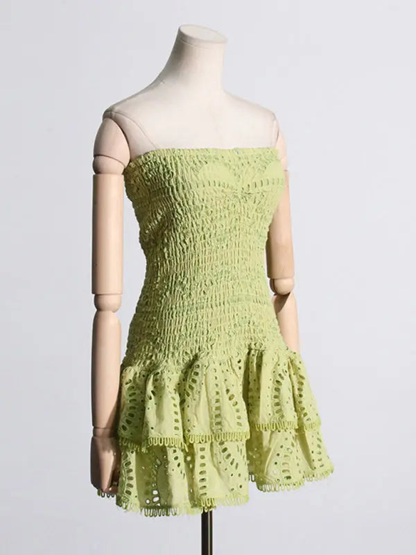 hot girl embroidered tube top dress with hollow ruffles and stitching design A-line skirt BLUE ZONE PLANET