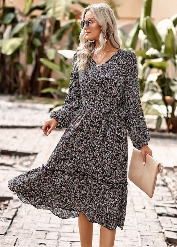 V-Neck Puff Sleeve Swing Skirt Dress kakaclo