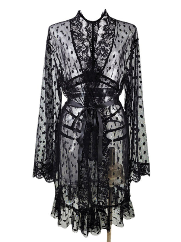 underwear polka dot mesh nightgown lace see-through pajamas three-piece set kakaclo