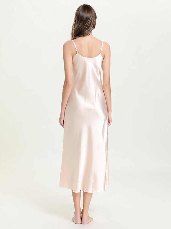 satin spaghetti straps V-neck mid-length spaghetti strap dress kakaclo