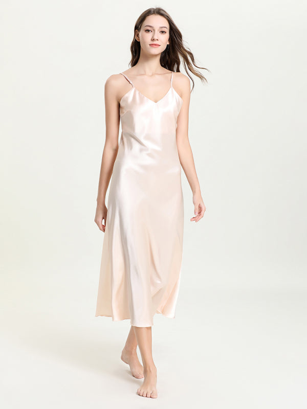 satin spaghetti straps V-neck mid-length spaghetti strap dress kakaclo