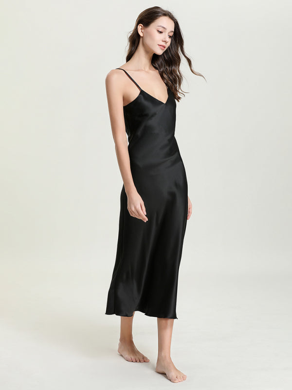 satin spaghetti straps V-neck mid-length spaghetti strap dress kakaclo