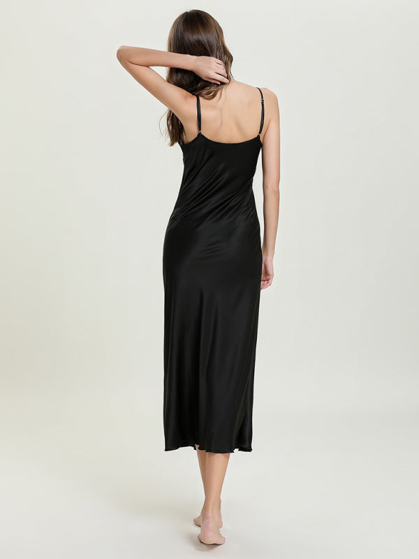 satin spaghetti straps V-neck mid-length spaghetti strap dress kakaclo
