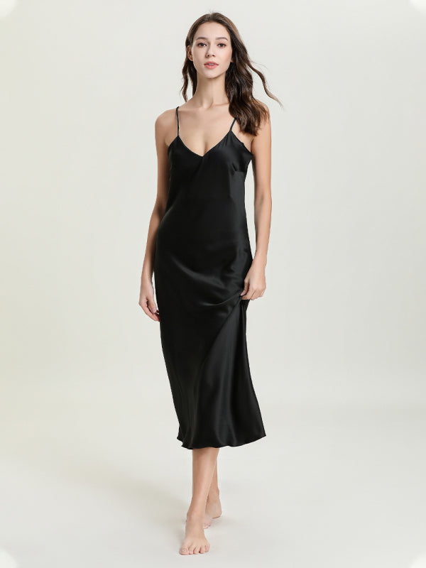 satin spaghetti straps V-neck mid-length spaghetti strap dress kakaclo