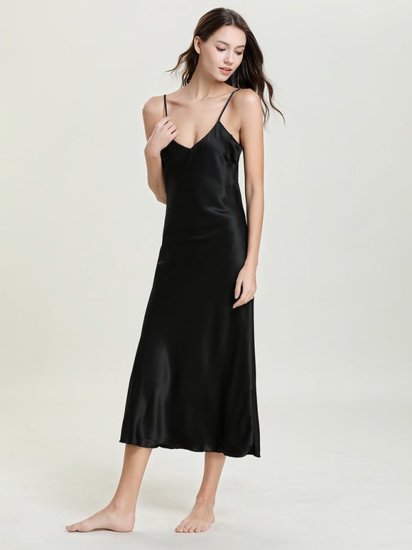 satin spaghetti straps V-neck mid-length spaghetti strap dress kakaclo