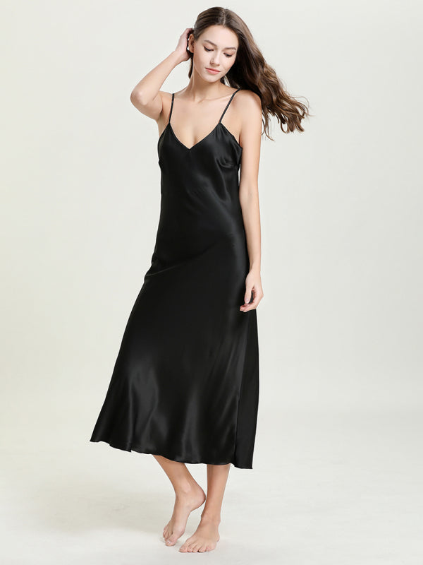 satin spaghetti straps V-neck mid-length spaghetti strap dress kakaclo