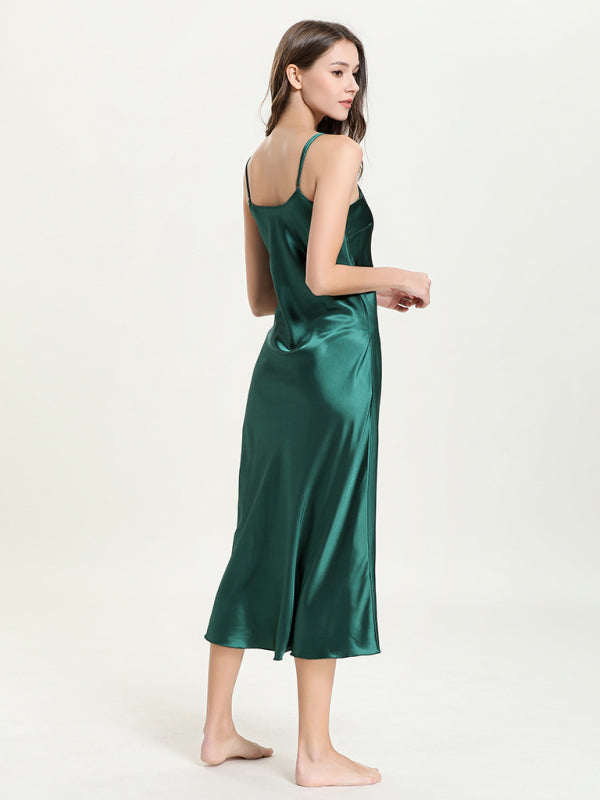 satin spaghetti straps V-neck mid-length spaghetti strap dress kakaclo