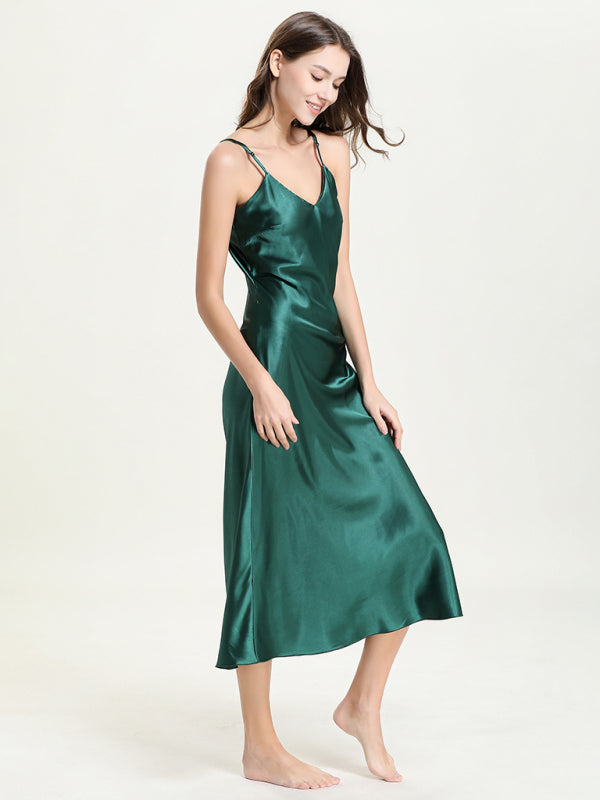 satin spaghetti straps V-neck mid-length spaghetti strap dress kakaclo
