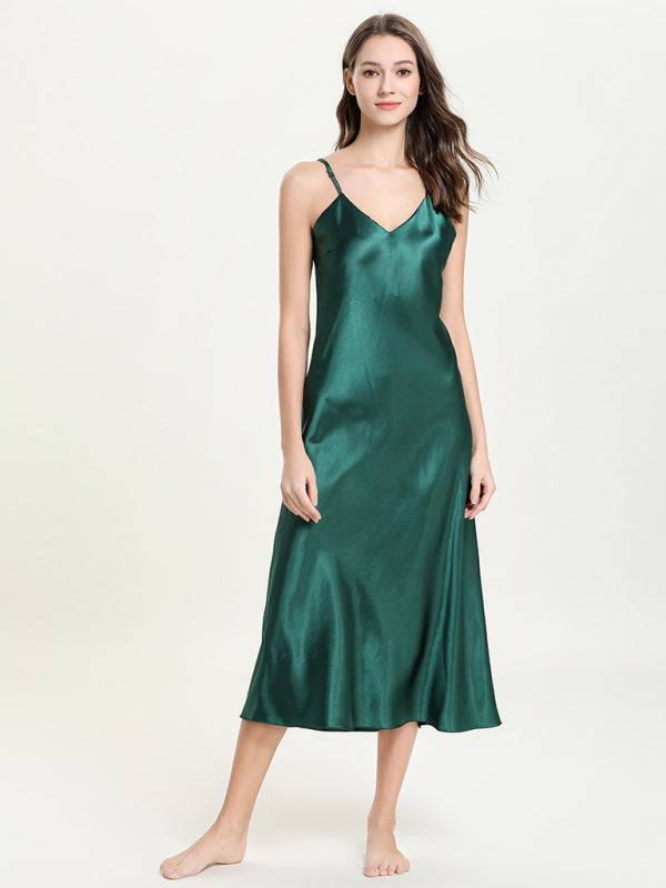 satin spaghetti straps V-neck mid-length spaghetti strap dress kakaclo
