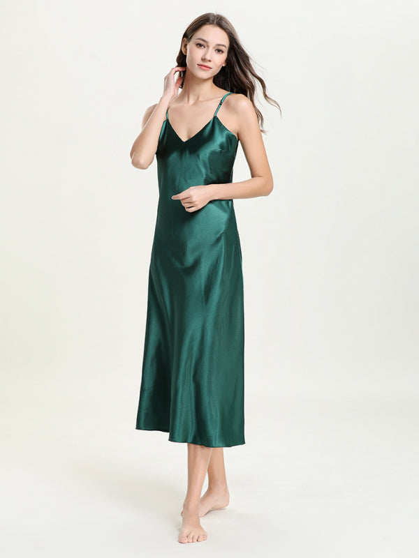 satin spaghetti straps V-neck mid-length spaghetti strap dress kakaclo