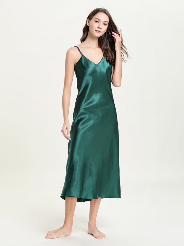 satin spaghetti straps V-neck mid-length spaghetti strap dress kakaclo
