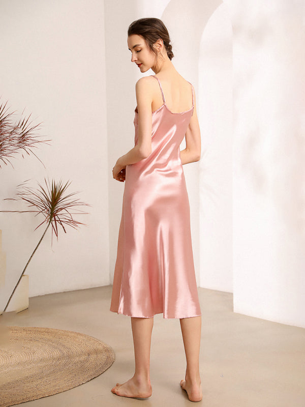 satin spaghetti straps V-neck mid-length spaghetti strap dress kakaclo