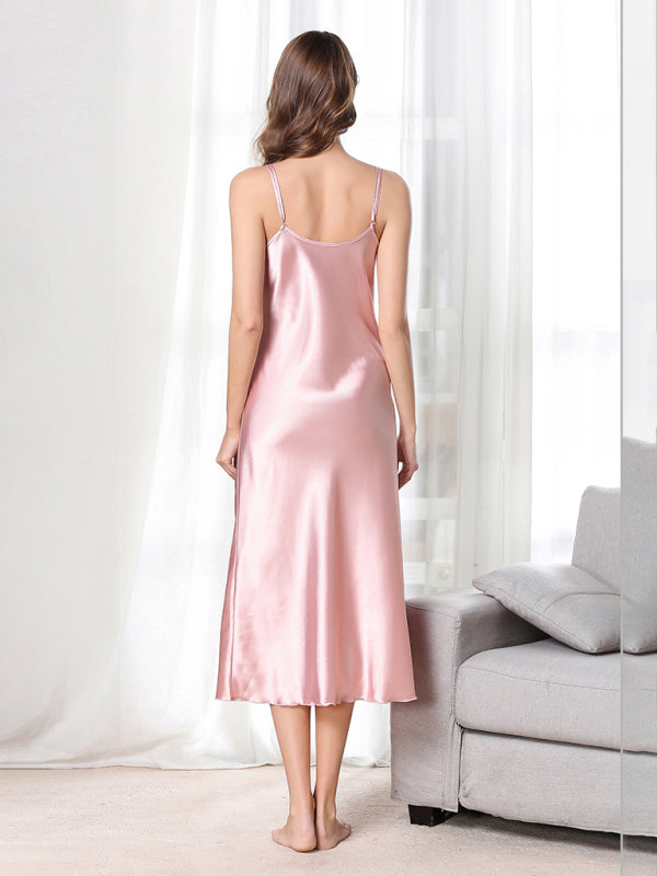 satin spaghetti straps V-neck mid-length spaghetti strap dress kakaclo