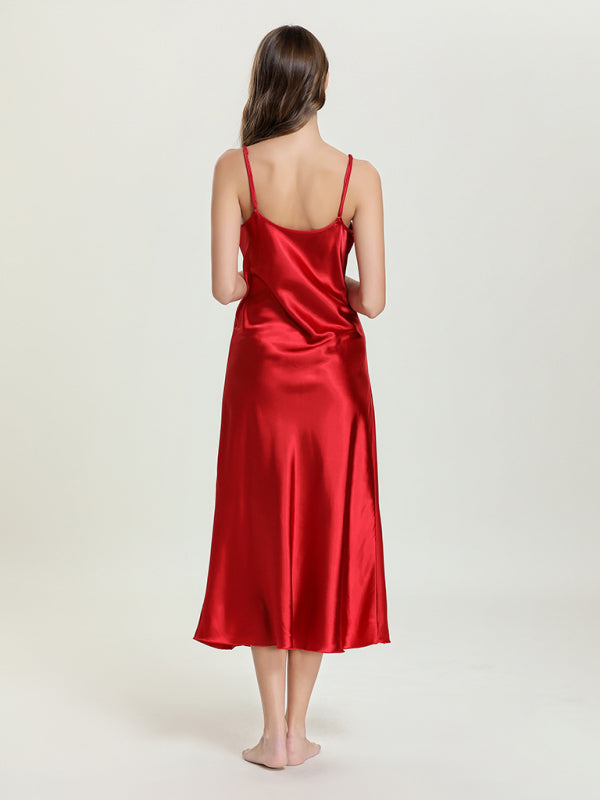 satin spaghetti straps V-neck mid-length spaghetti strap dress kakaclo