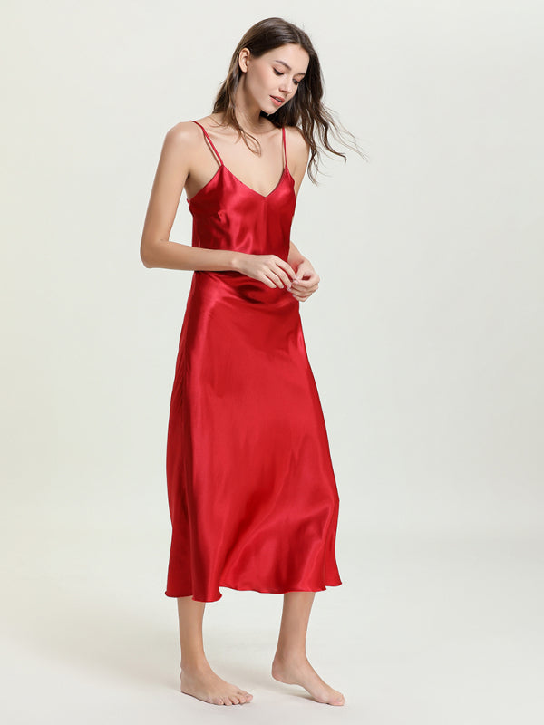satin spaghetti straps V-neck mid-length spaghetti strap dress kakaclo