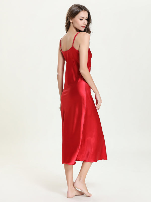 satin spaghetti straps V-neck mid-length spaghetti strap dress kakaclo