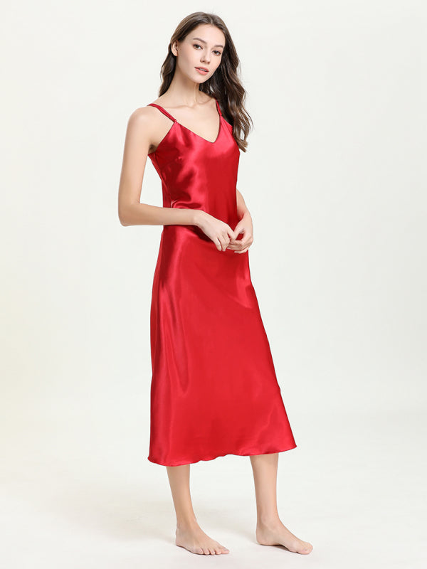 satin spaghetti straps V-neck mid-length spaghetti strap dress kakaclo