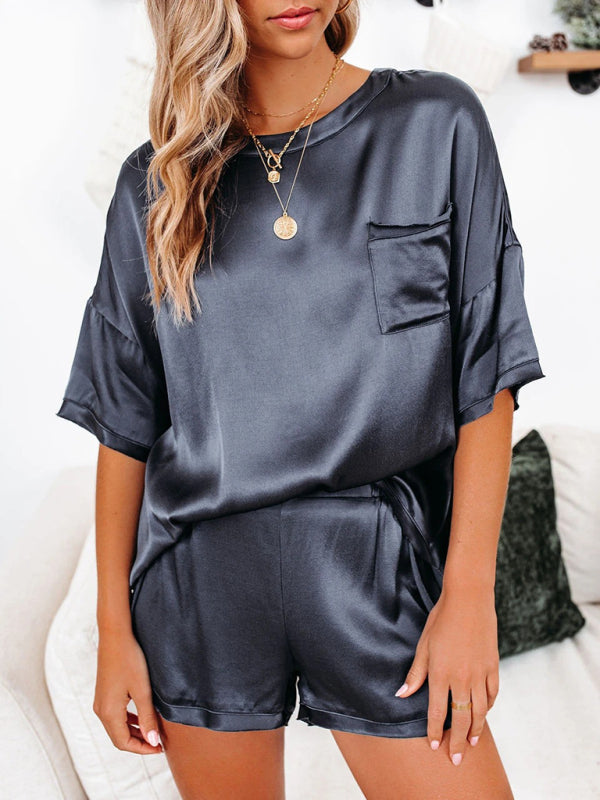 Blue Zone Planet | Satin pajamas short-sleeved top with shorts BLUE ZONE PLANET