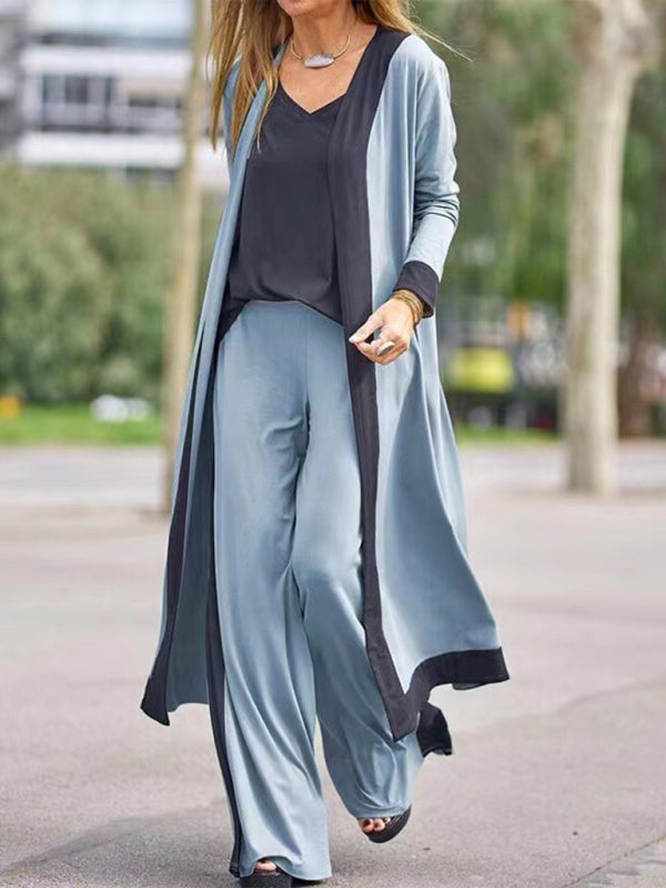 Contrasting Color Sleeveless Vest + Long Sleeve Cardigan Jacket + Trousers Three Sets kakaclo