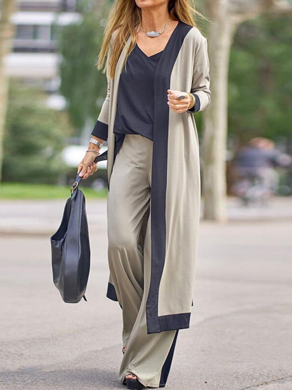 Contrasting Color Sleeveless Vest + Long Sleeve Cardigan Jacket + Trousers Three Sets kakaclo