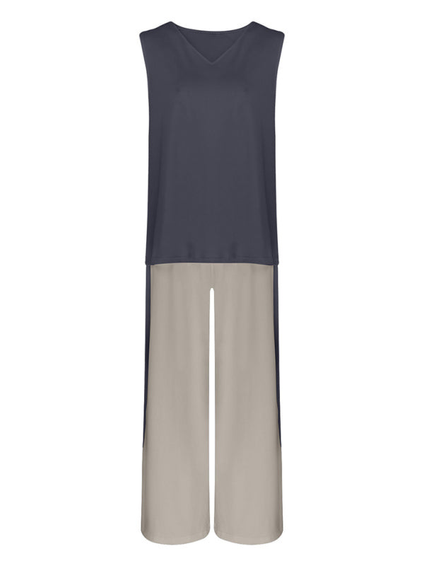 Contrasting Color Sleeveless Vest + Long Sleeve Cardigan Jacket + Trousers Three Sets kakaclo