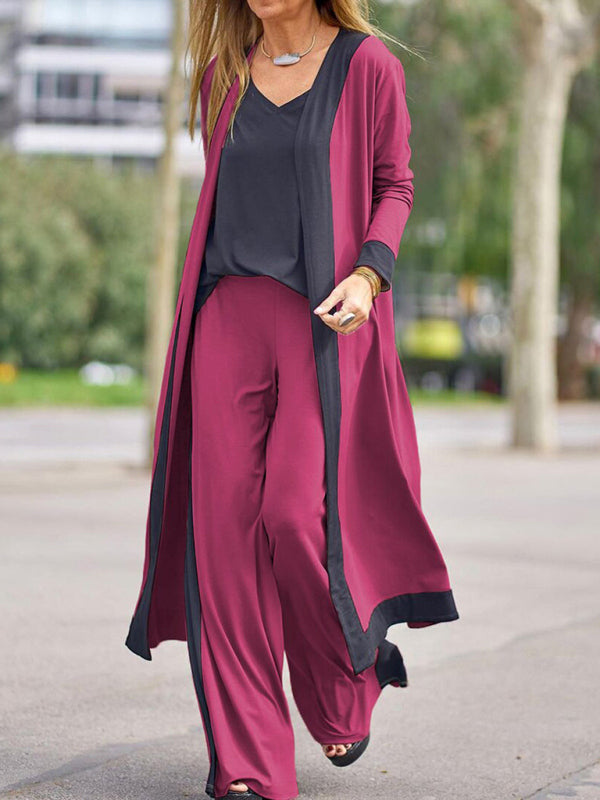 Contrasting Color Sleeveless Vest + Long Sleeve Cardigan Jacket + Trousers Three Sets kakaclo