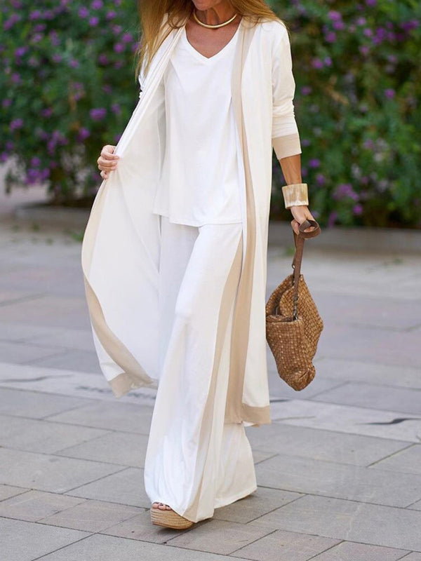 Contrasting Color Sleeveless Vest + Long Sleeve Cardigan Jacket + Trousers Three Sets kakaclo