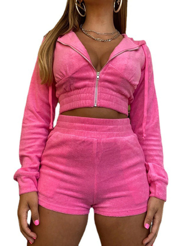 gold velvet hooded long-sleeved zipper jacket + shorts two-piece suit kakaclo
