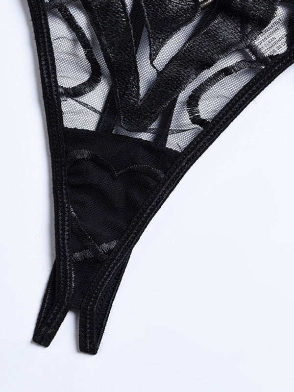 Blue Zone Planet |  Women's Solid Embroidered Lace Mesh Sexy Lingerie Three-piece Set kakaclo