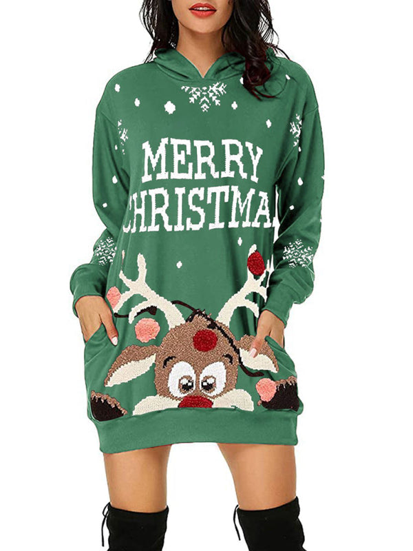 Blue Zone Planet | Women's Christmas Print Mid Length Hooded Sweater Dress kakaclo